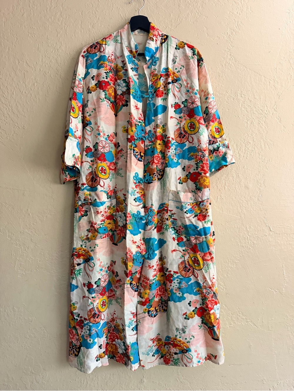 Floral Print Long Kimono Robe - Blue & Pink